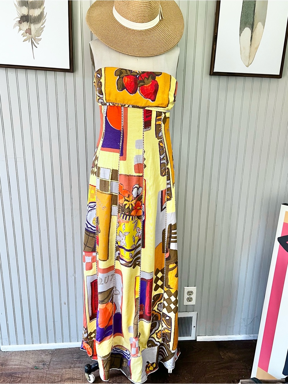 Zaco, Sabo Miliania NWOT Strapless Villagio Yellow Fruit Print Maxi Dress